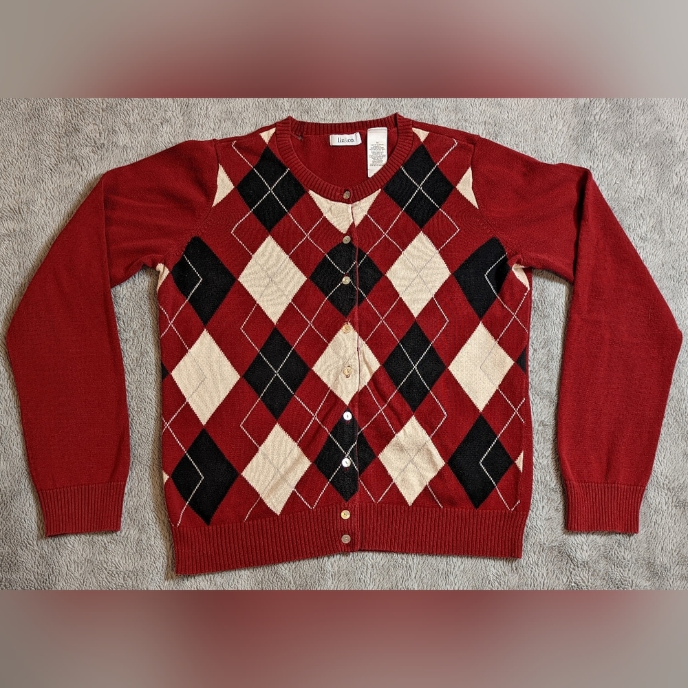 Liz & Co. Argyle Knit Cardigan, Red, Black, & Cream, Size M